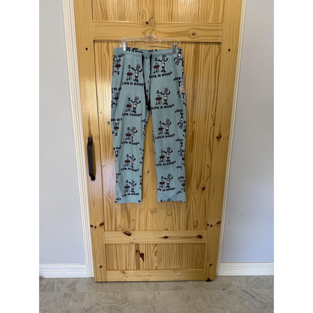 Life Is Good Pajama Pants Mens Small Blue Fleece Sleepwear Grill Graphic Print